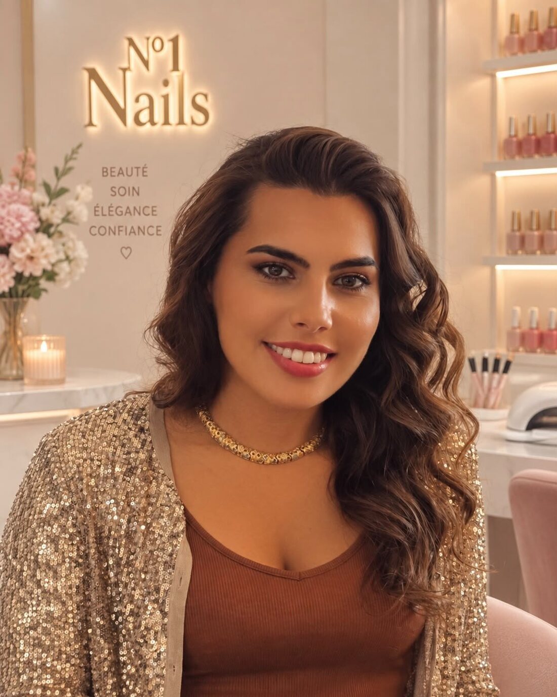 Caroline Rodriguez, técnica de uñas, en su salón ante el rótulo dorado N°1 Nails.
