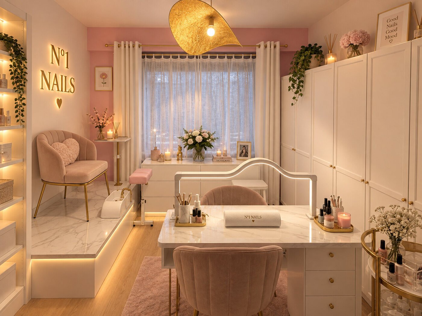 La sala entera: puesto de manicura de mármol frente a la ventana, lámpara dorada, sillones de terciopelo blush y rótulo dorado N°1 Nails en la pared.