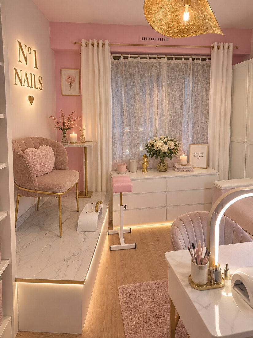 El rincón de descanso: sillón de bouclé blush, cojín con forma de corazón y rótulo dorado N°1 Nails coronado por un corazón, sobre la mesa de mármol.
